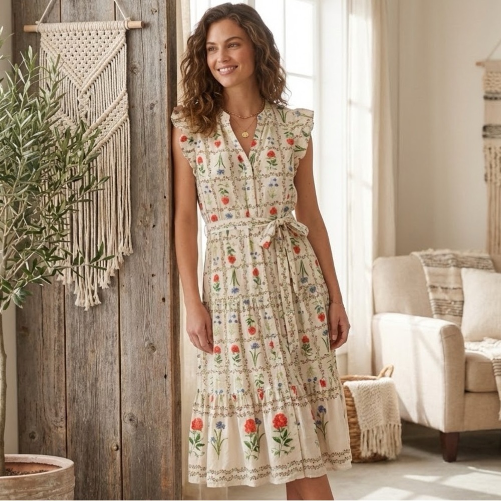 femme de lune Cream Tiered Floral Bohemian Midi Dress Ruffled Sleeve Tie Waist